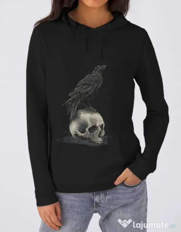 Hoodie dama cu gluga Crow skull Negru
