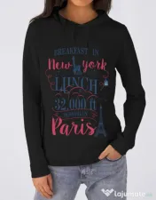 Hoodie dama cu gluga Breakfast in New York Negru 