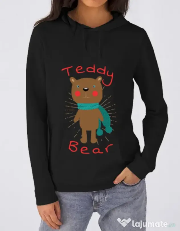 Hoodie dama cu gluga Teddy bear Negru