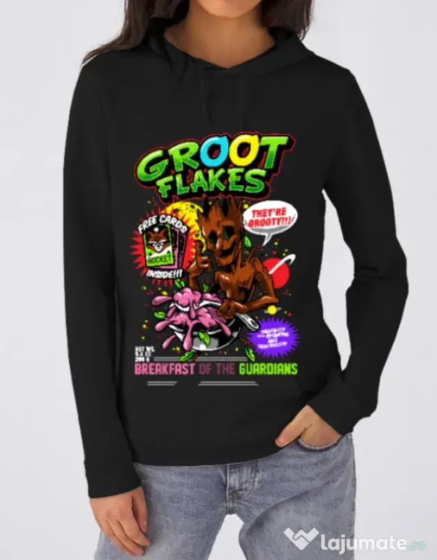 Hoodie dama cu gluga Groot flakes Negru