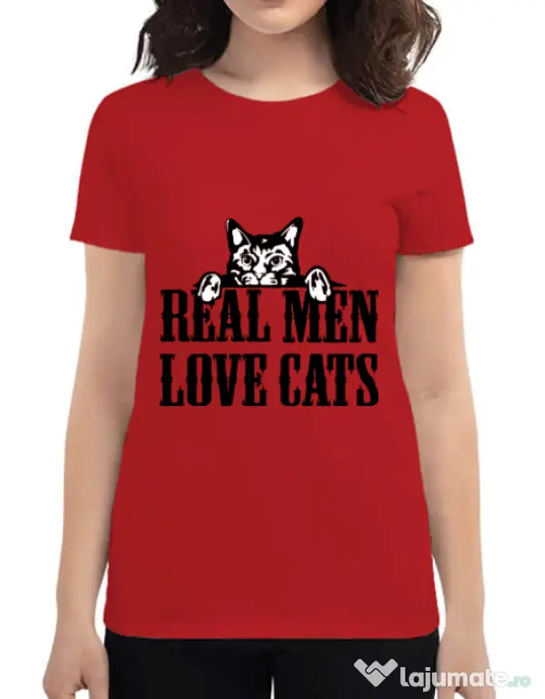 Tricou ADLER dama Real men love cats Rosu