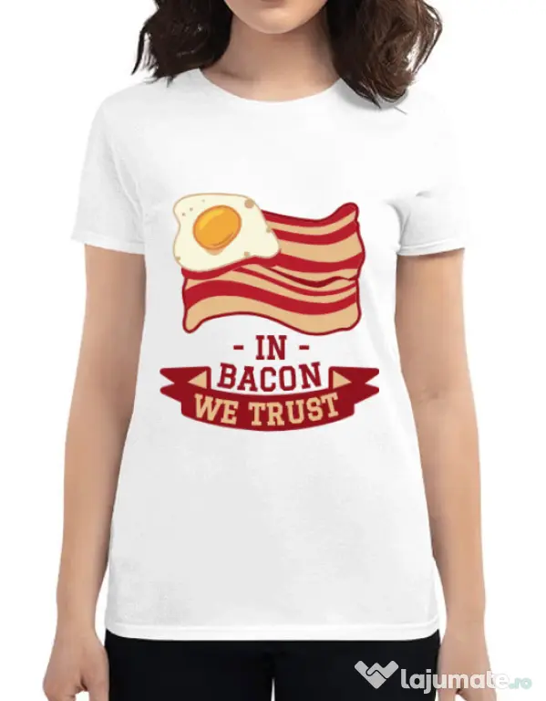 Tricou ADLER dama In bacon we trust Alb