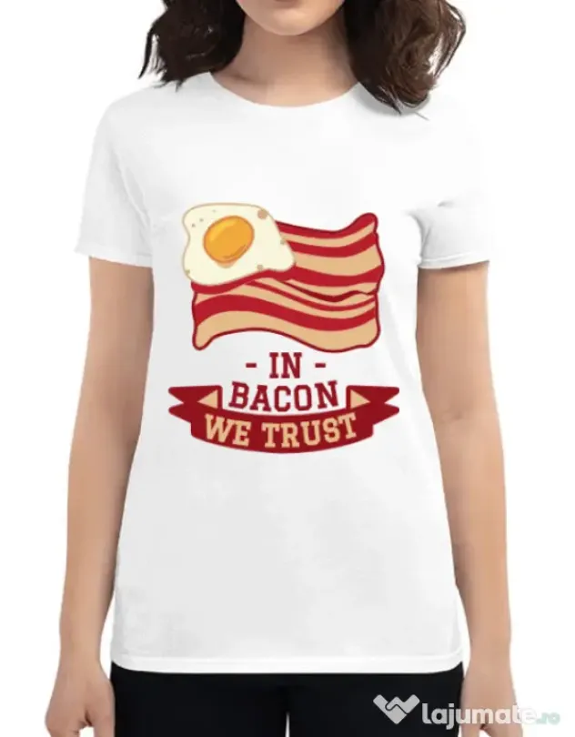 Tricou ADLER dama In bacon we trust Alb