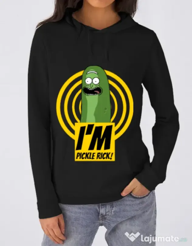 Hoodie dama cu gluga I'm pickle Rick! Negru