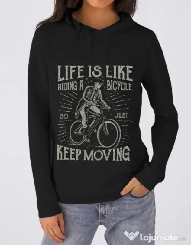 Hoodie dama cu gluga Life Is Like Riding A Bicycle Negru