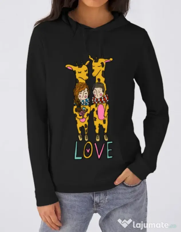 Hoodie dama cu gluga Giraffes love Negru