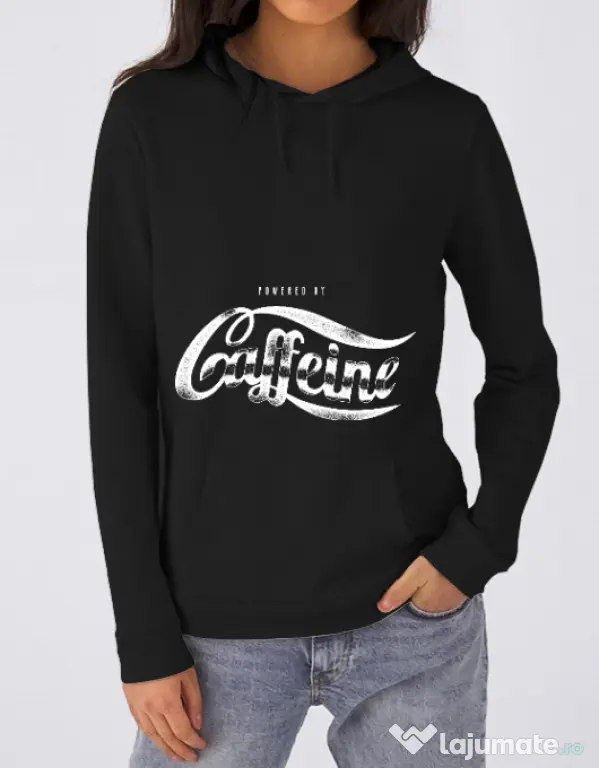 Hoodie dama cu gluga Powered by caffeine Negru