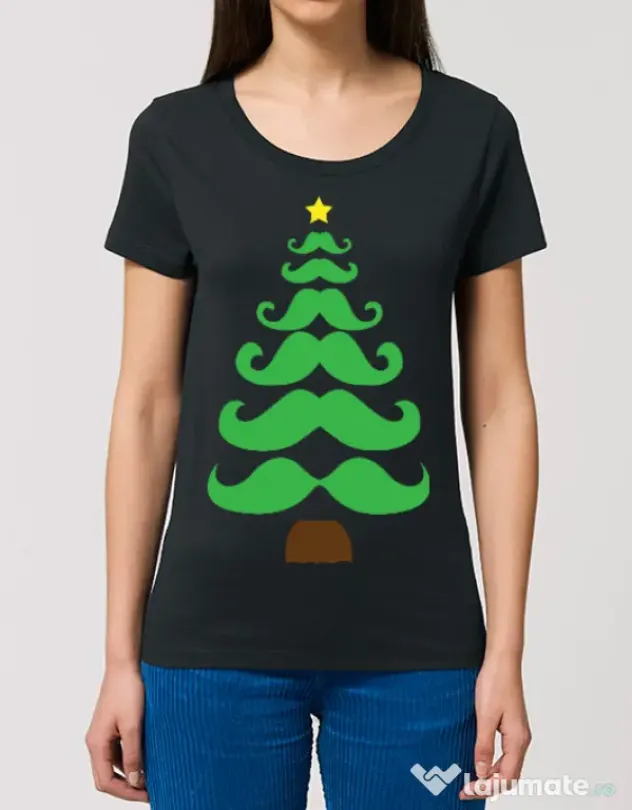 Tricou STANLEY STELLA dama Moustache Christmas tree Negru