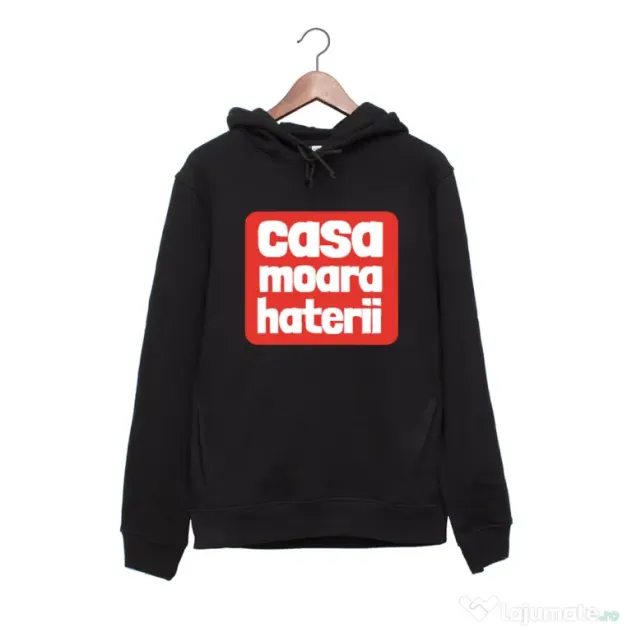 Hanorac personalizat negru unisex Casa moara haterii