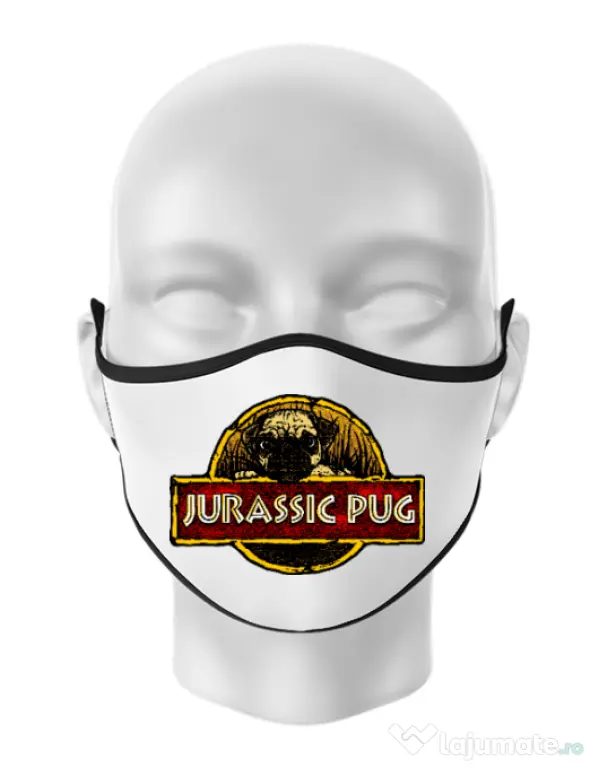 Masca personalizata reutilizabila Jurassic Pug Alb