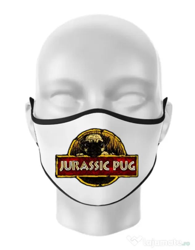 Masca personalizata reutilizabila Jurassic Pug Alb
