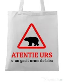 Sacosa din panza Atentie urs Alb