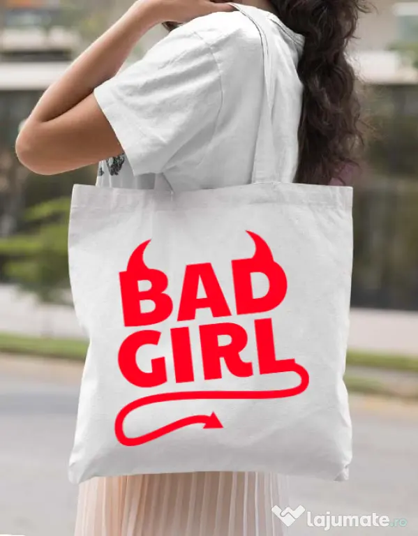 Sacosa din panza Bad girl Alb