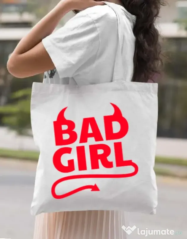 Sacosa din panza Bad girl Alb