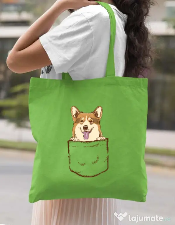 Sacosa din panza Corgi in The Pocket Verde mar