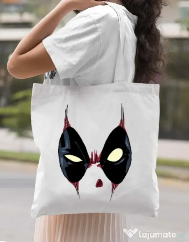 Sacosa din panza Deadpool mask Alb