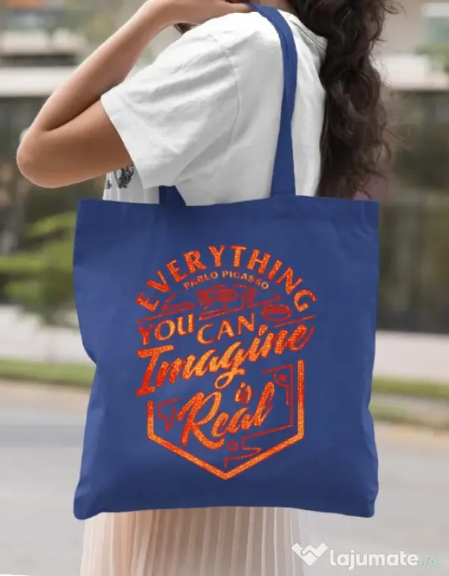 Sacosa din panza Everything You Can Imagine is Real Albastru regal