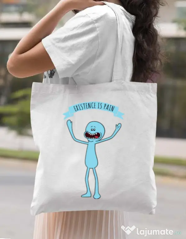 Sacosa din panza Existence is pain Alb