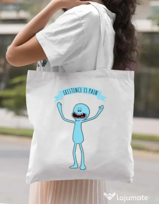 Sacosa din panza Existence is pain Alb
