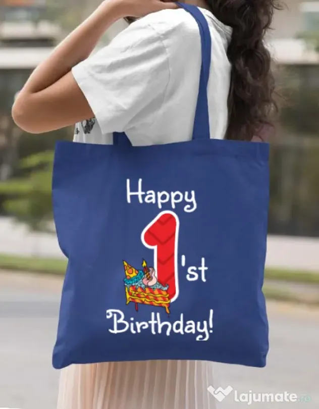 Sacosa din panza Happy Birthday! Albastru regal