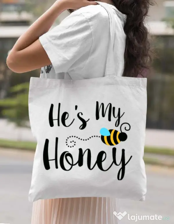Sacosa din panza He is my honey Alb