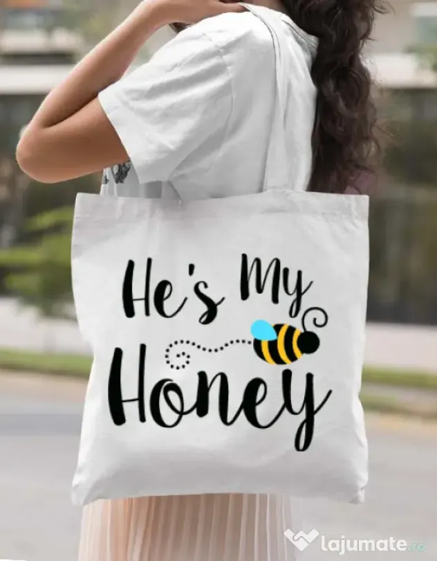 Sacosa din panza He is my honey Alb