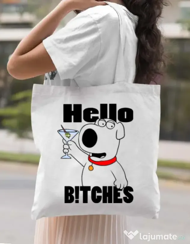 Sacosa din panza Hello bitches Alb