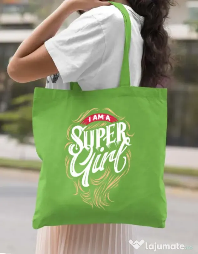 Sacosa din panza I am a Super Girl Verde mar