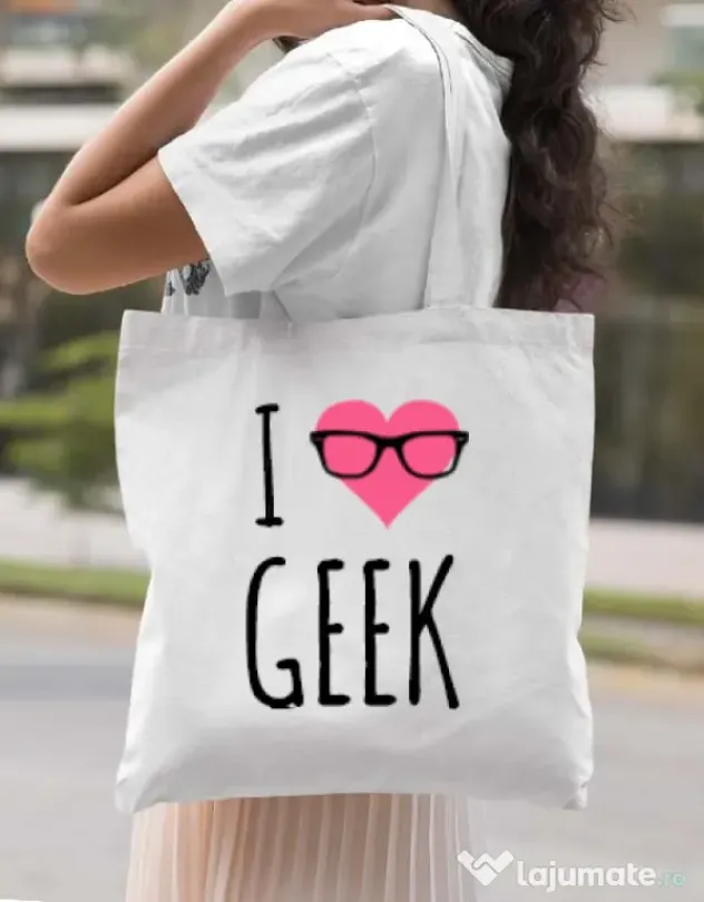 Sacosa din panza I love geek Alb