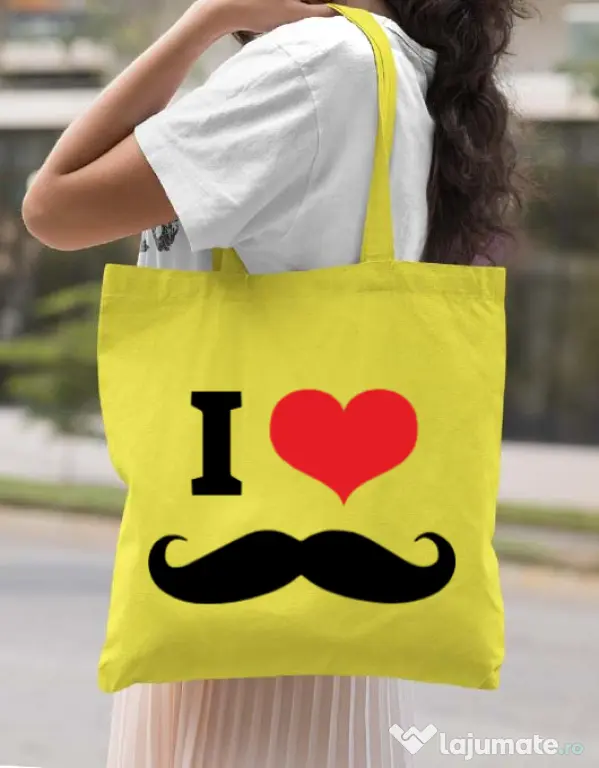 Sacosa din panza I love moustaches Galben