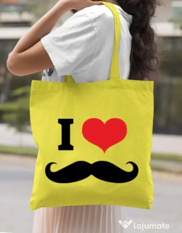 Sacosa din panza I love moustaches Galben