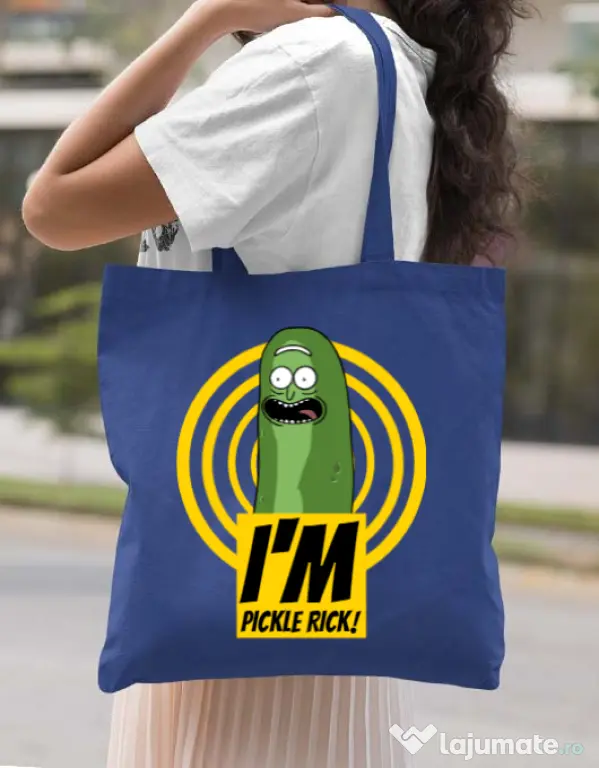 Sacosa din panza I'm pickle Rick! Albastru regal