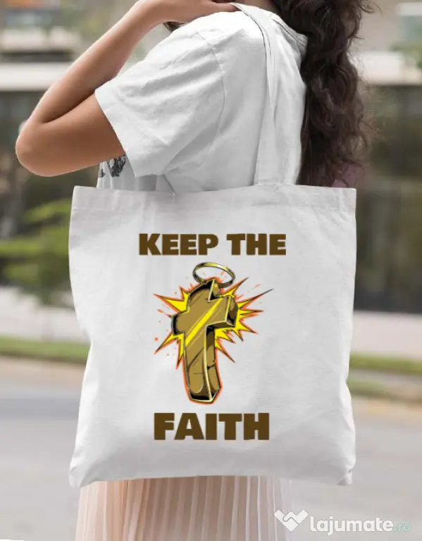 Sacosa din panza Keep the Faith Alb