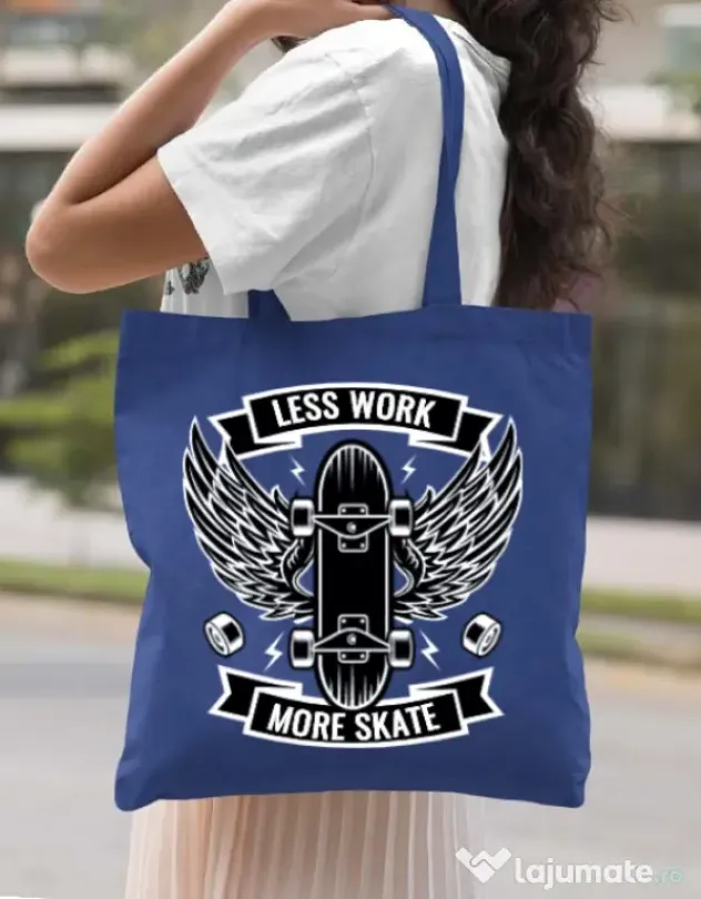 Sacosa din panza Less work more skate Albastru regal