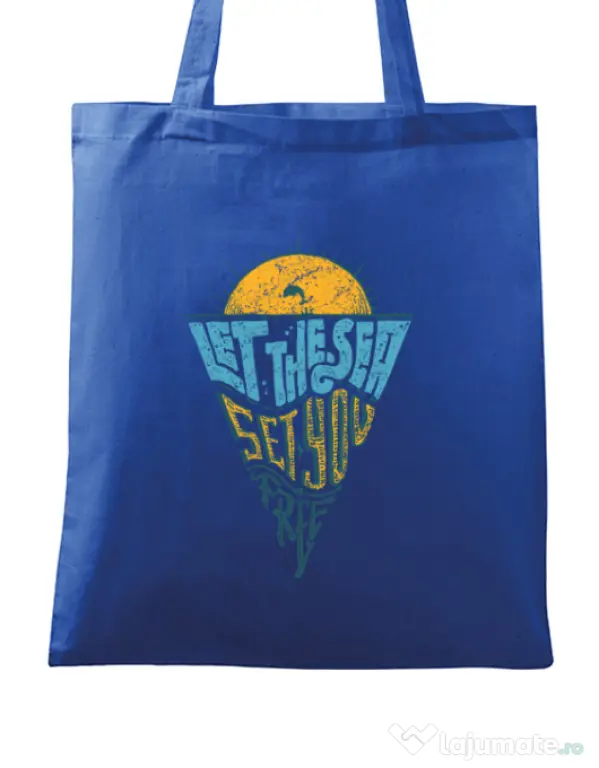 Sacosa din panza Let the sea, Set you free Albastru regal