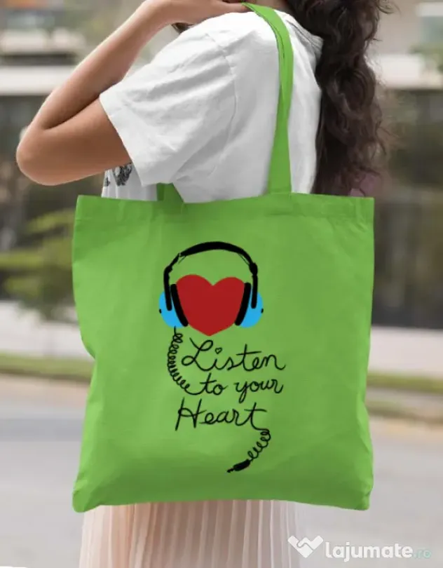 Sacosa din panza Listen to your heart Verde mar