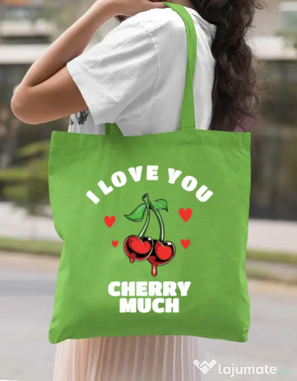 Sacosa din panza Love you cherry much Verde mar