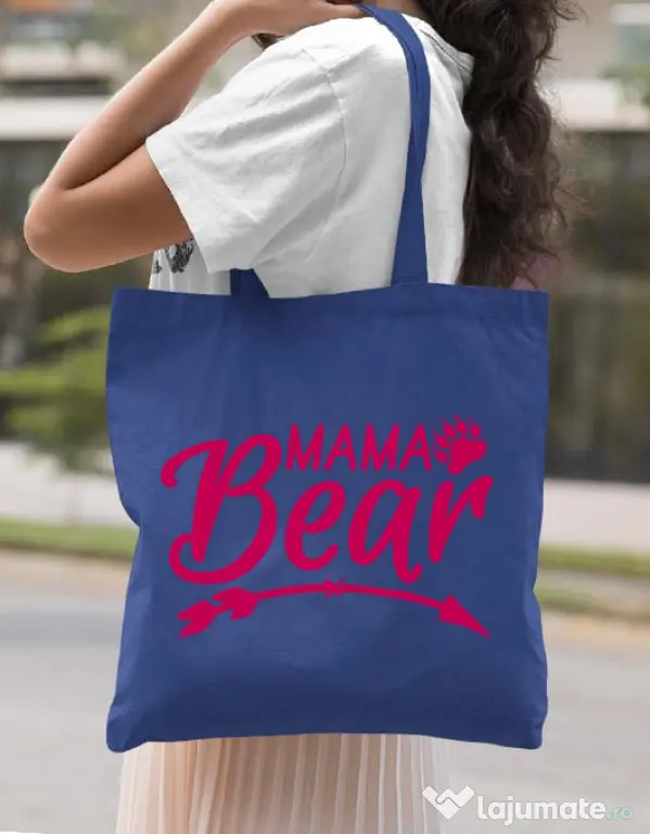 Sacosa din panza Mama bear Albastru regal