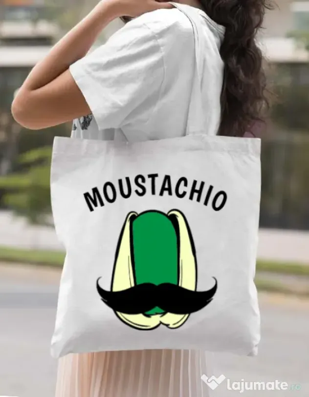 Sacosa din panza Moustachio Alb