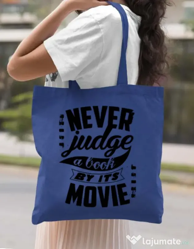 Sacosa din panza Never judge a book Albastru regal