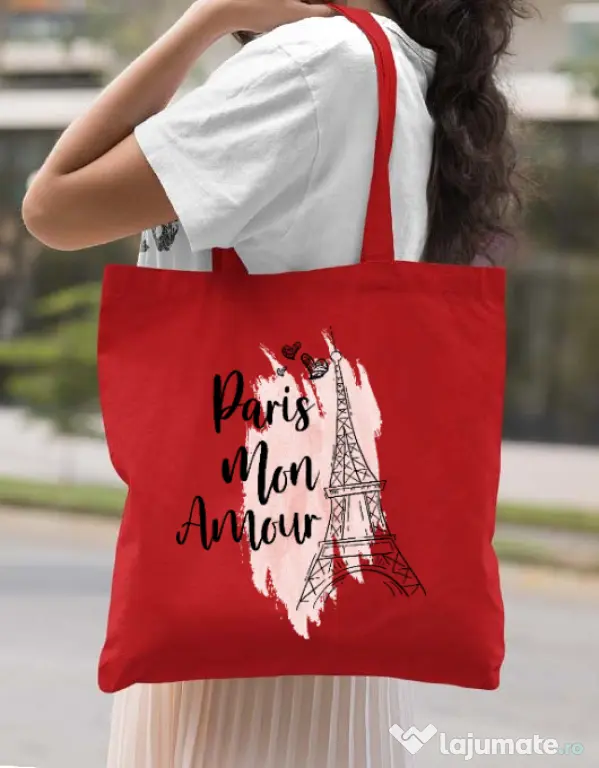 Sacosa din panza Paris mon amour Rosu