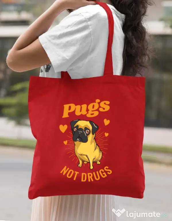Sacosa din panza Pugs not drugs Rosu