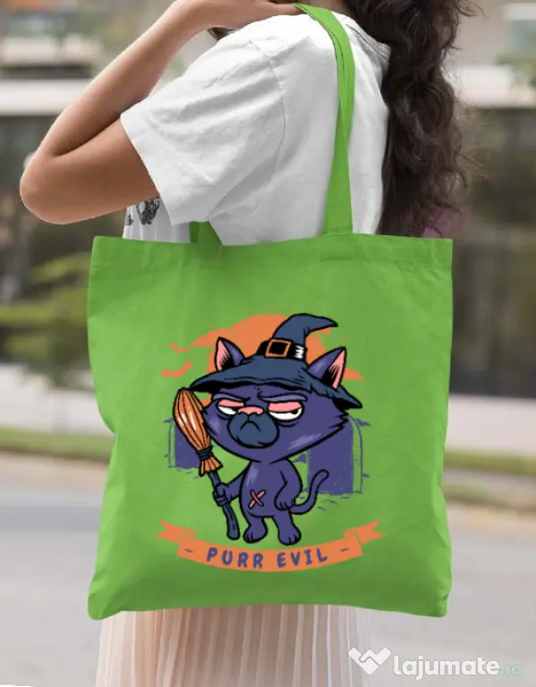 Sacosa din panza Purr halloween Verde mar