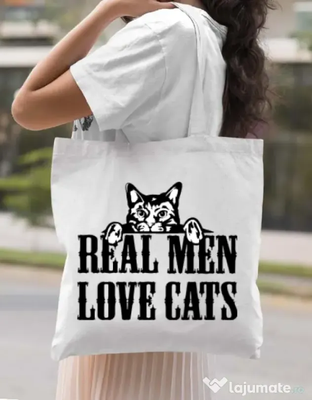 Sacosa din panza Real men love cats Alb