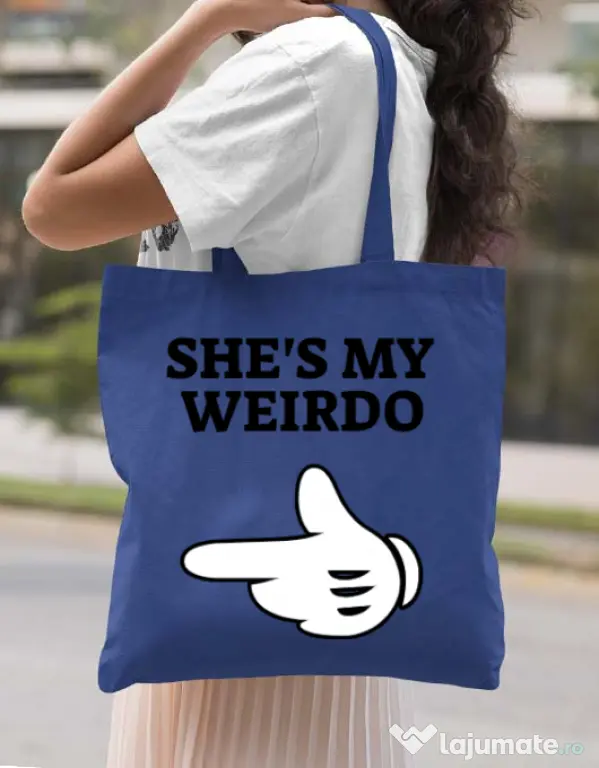Sacosa din panza She's my weirdo Albastru regal