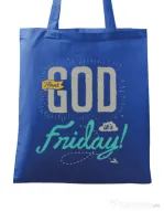 Sacosa din panza Thank GOD its Friday Albastru regal