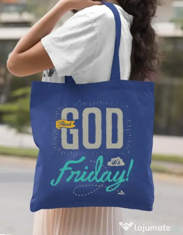 Sacosa din panza Thank GOD its Friday Albastru regal