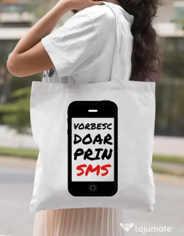 Sacosa din panza Vorbesc doar prin sms Alb