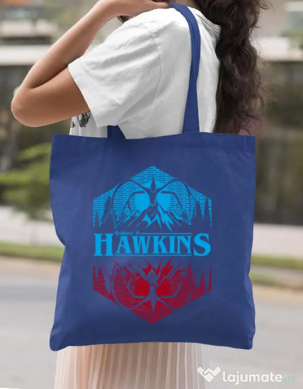 Sacosa din panza Welcome to Hawkins Albastru regal