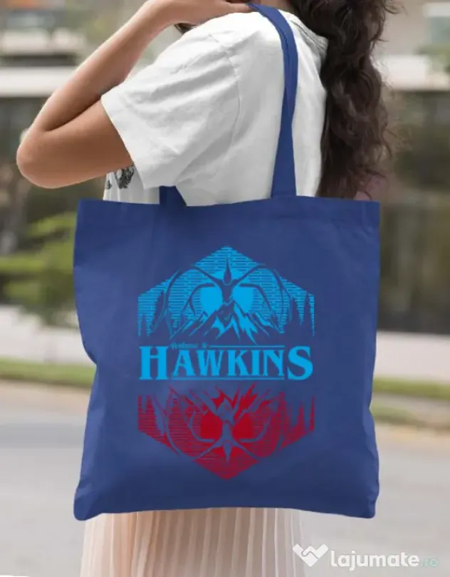 Sacosa din panza Welcome to Hawkins Albastru regal